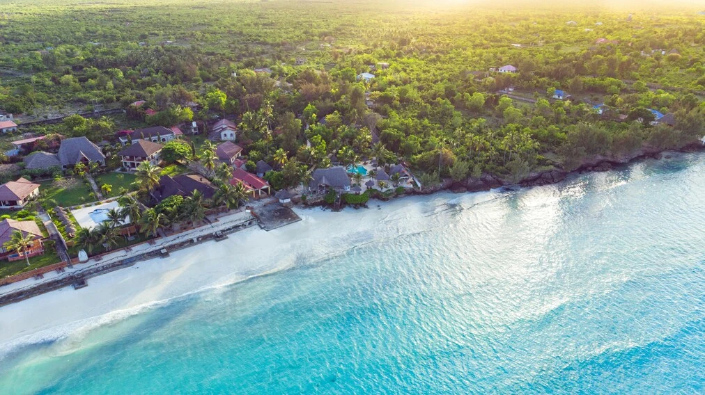 Aerial view of the tropical Zanzibar coastline and turquoise water